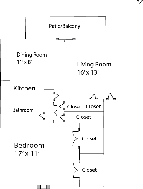 Floor plan for 1 bed, 1 bath, 675 sqft